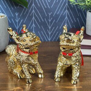 Gold Pixiu Statues Feng Shui Decor Pair of Chinese Dragon Lion Guardian Figures